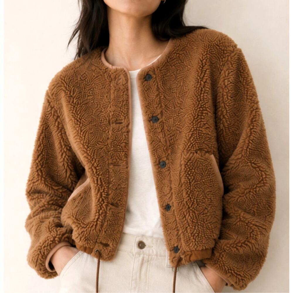 Everlane Teddy Fleece Sherpa Jacket XS Brown Cropped Drawstring